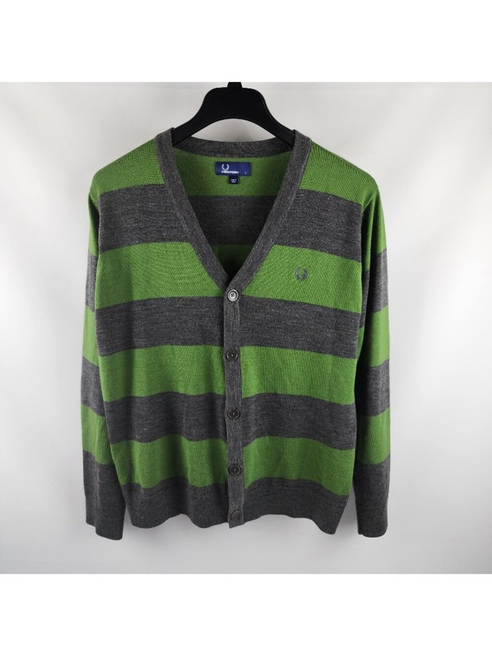 Fred Perry Men Sweater L Green Gray Multi Stripe Wool V-Neck Cardigan Chest Logo